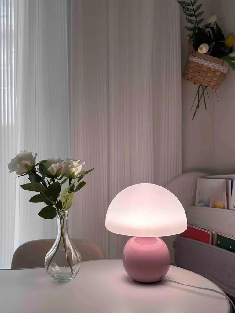 Pink Glass Mushroom Table Lamp – Soft Lighting and Elegant Style
