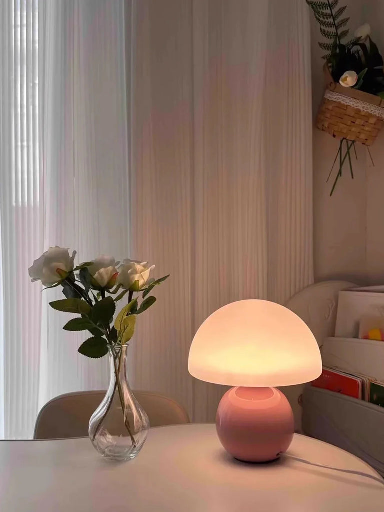 Pink Glass Mushroom Table Lamp – Soft Lighting and Elegant Style