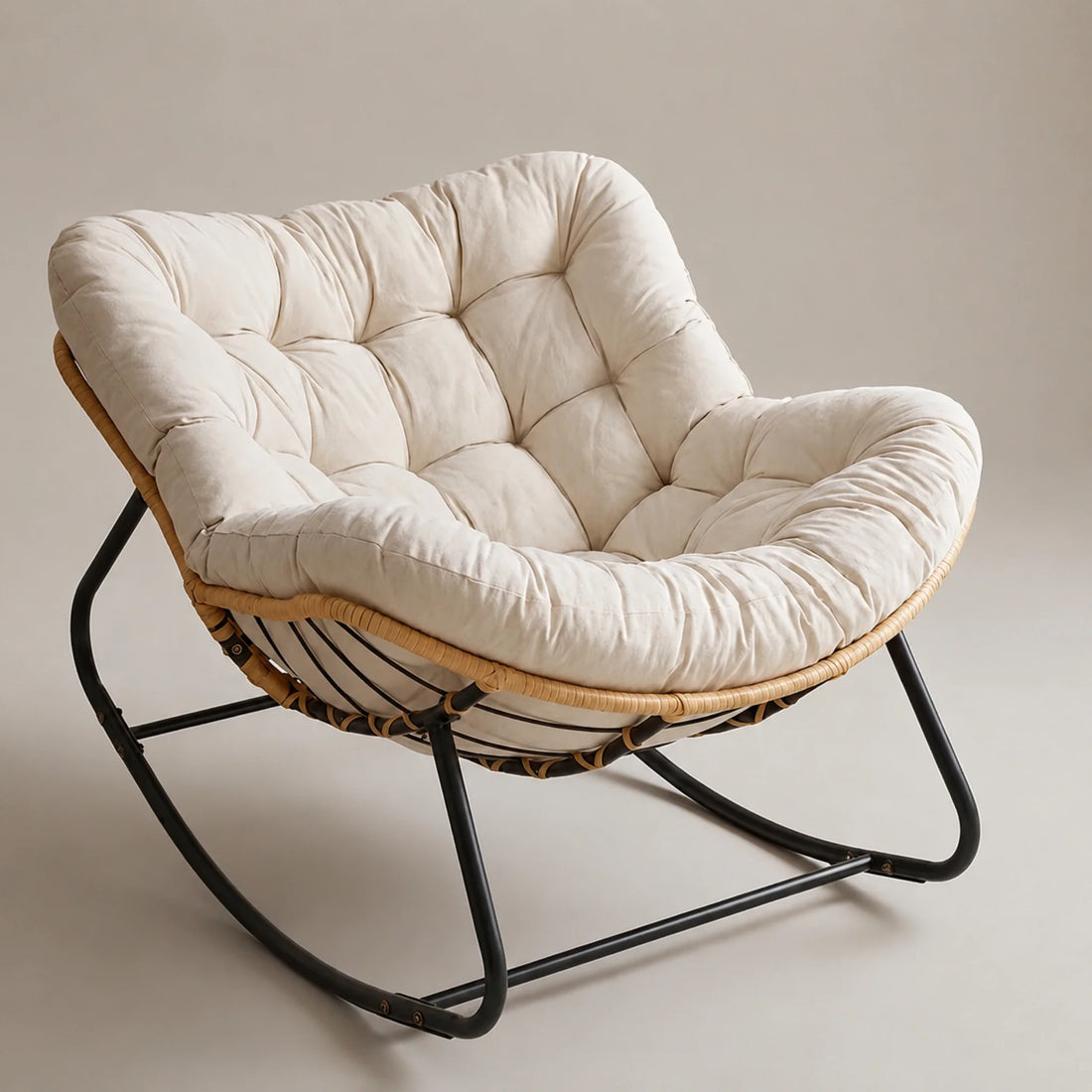 Rocking Chair - HAVNÉA - Rotin Tressé & Coussin Épais XXL Toutes Saisons